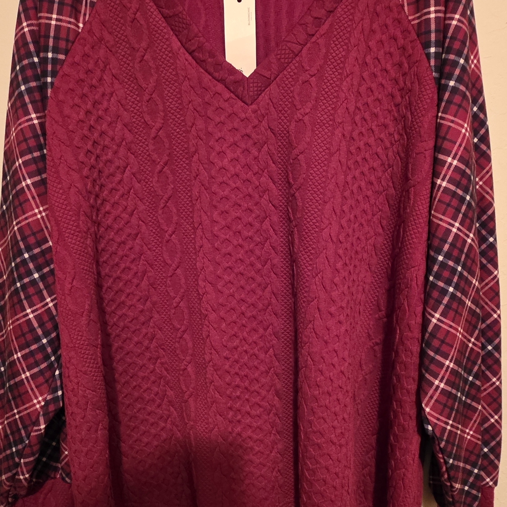 Nwt Bloomchic Burgundy Patchwork Sweater With Pla… - image 7
